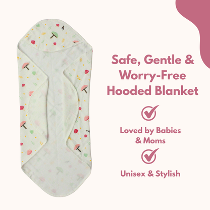 Muslin Hooded Blanket for Newborn Baby (Mushroom print, 75 x 75 cm, pack of 1)