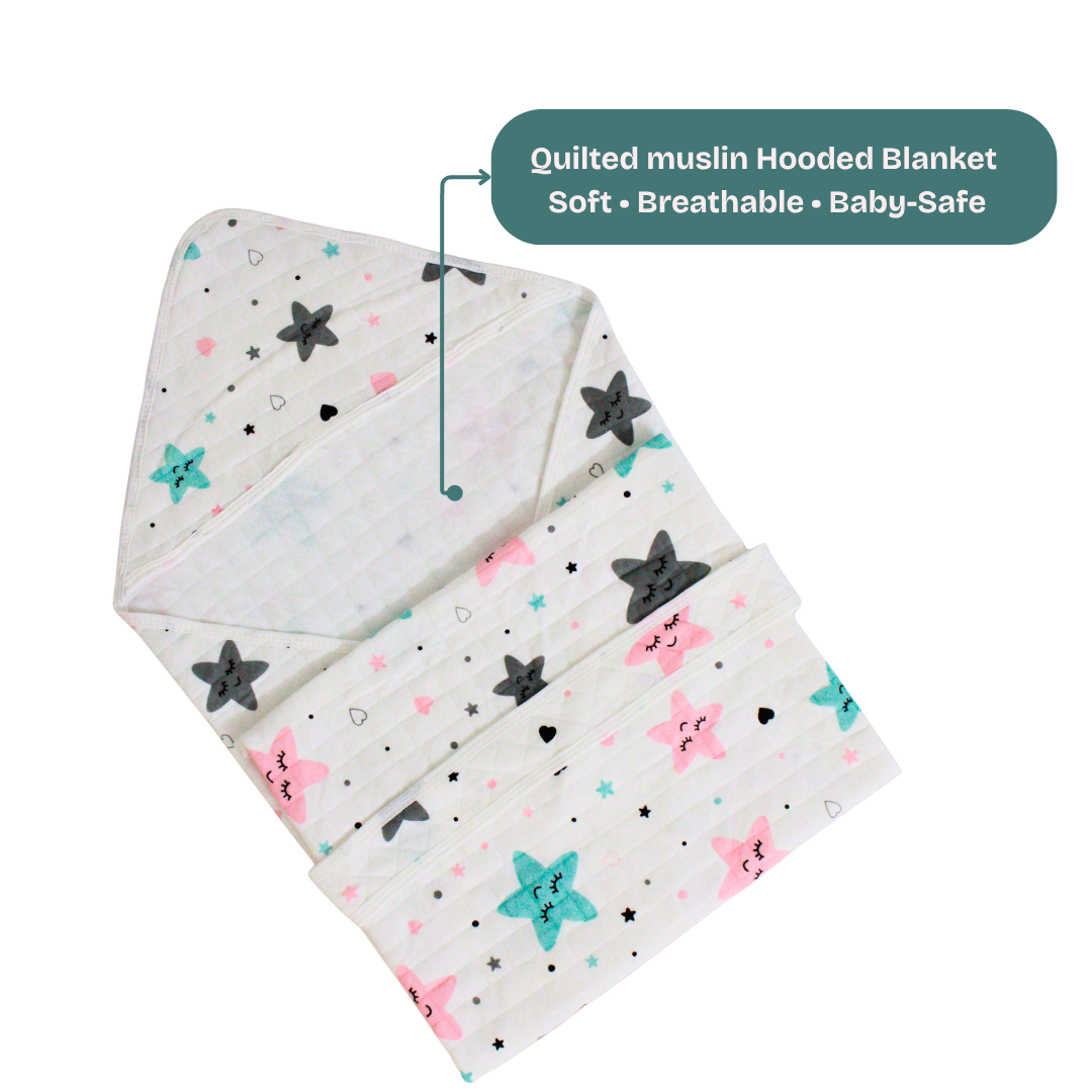 Dreamy Stars Print – Muslin Quilted Hooded Blanket with Belt | 85 x 85 cm | Pack of 1