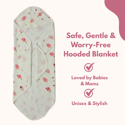 Muslin Hooded Blanket for Newborn Baby (ice cream print, 75 x 75 cm, pack of 1)