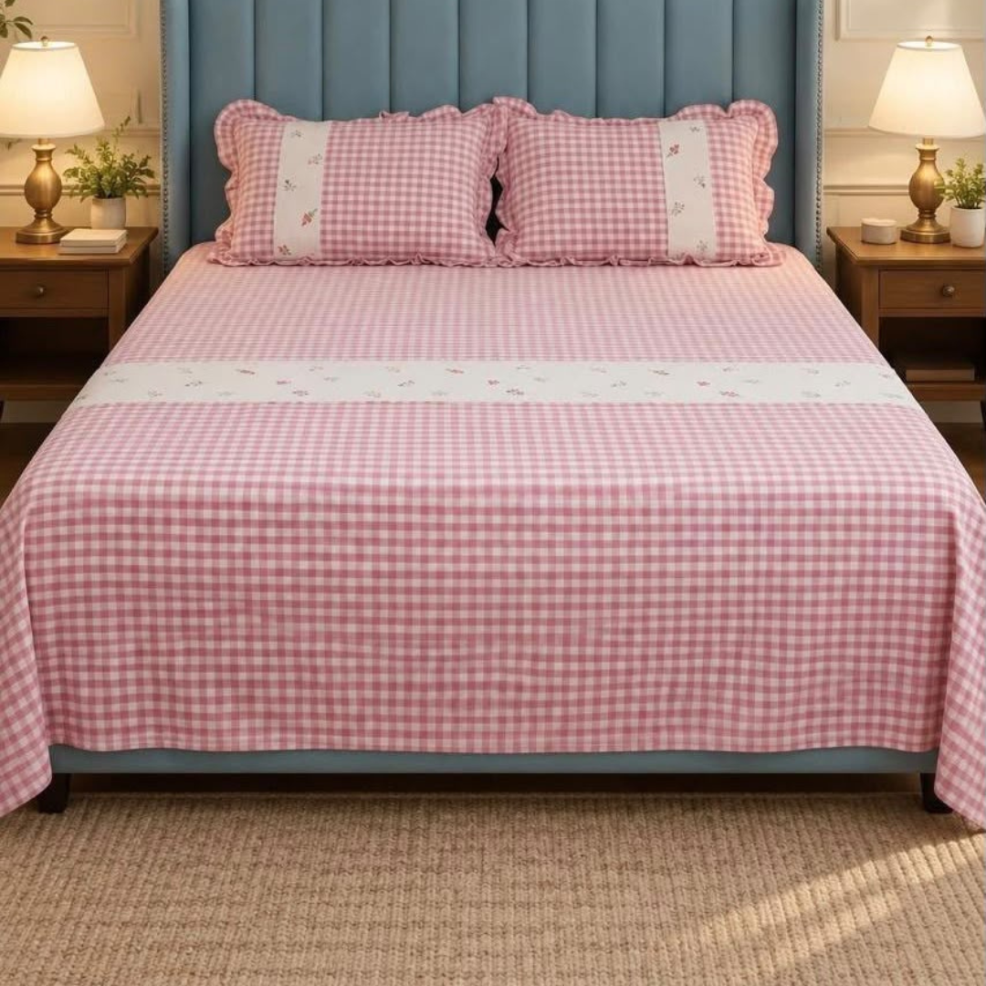 Soft Pink Pure Cotton Floral Embroidered Bedspread with Lace Border – 108 × 108 Inches