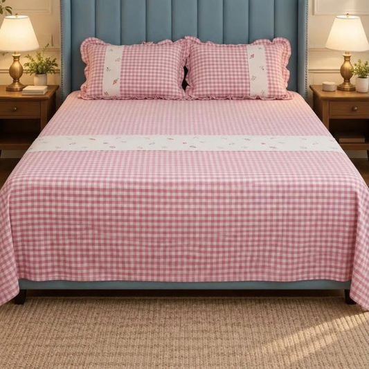 Soft Pink Pure Cotton Floral Embroidered Bedspread with Lace Border – 108 × 108 Inches