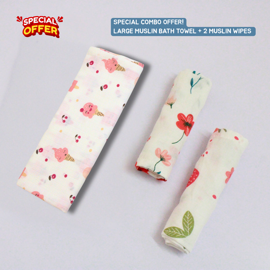 Sweet Ice Cream Baby Muslin Towel Set (145 x 70 cm) + 2 Wipes (10x10 inch)