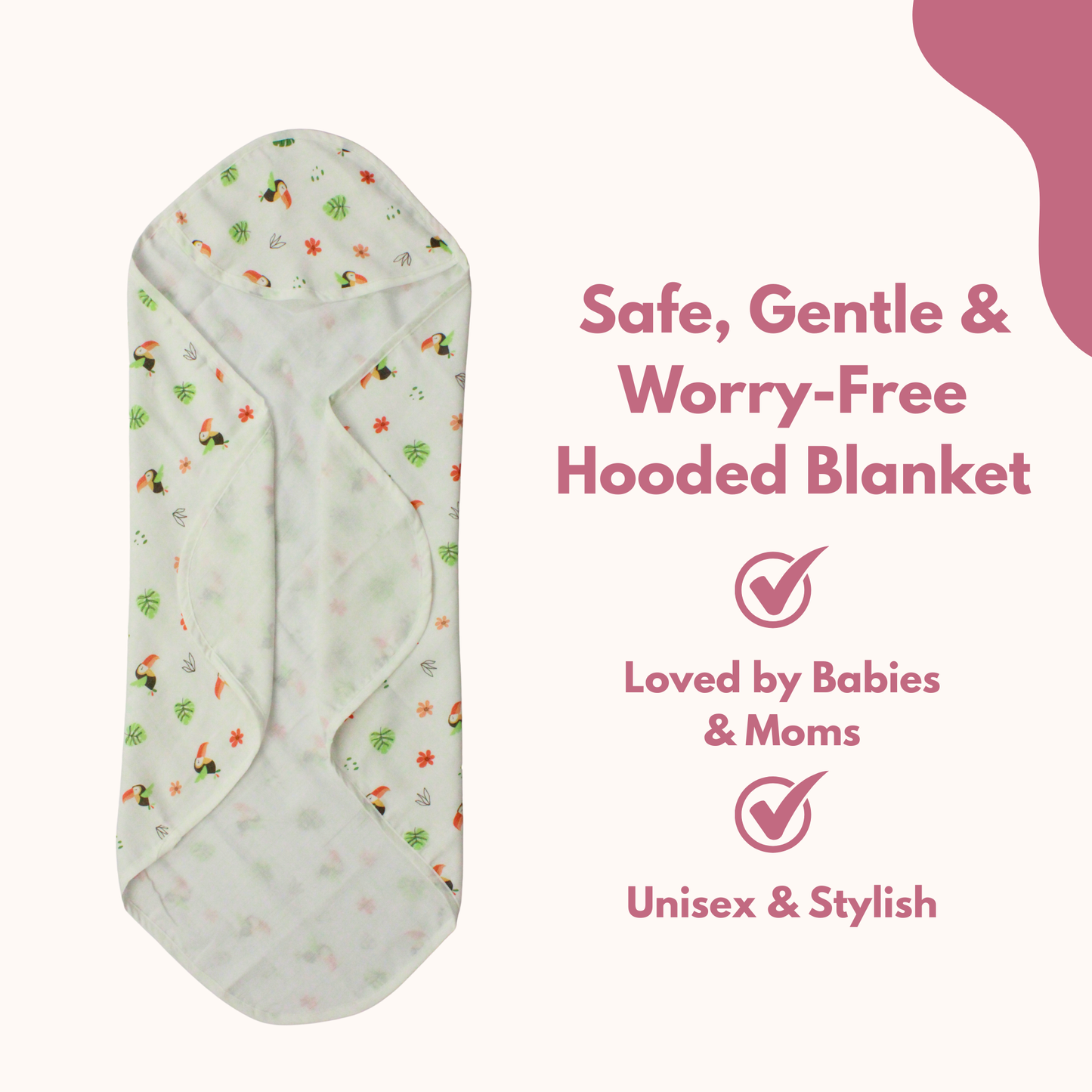 Muslin Hooded Blanket for Newborn Baby (Bird print, 75 x 75 cm, pack of 1)