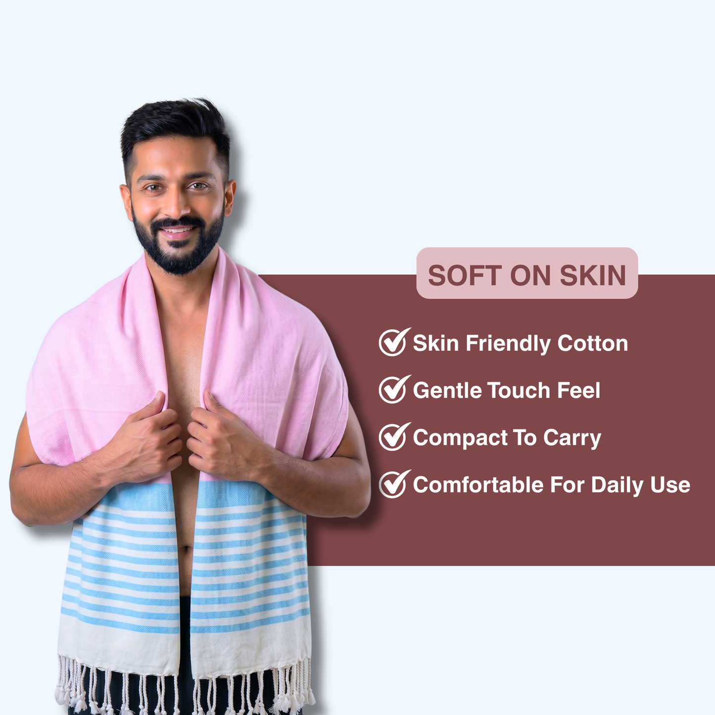 Premium Cotton Bath Towel 150 x 75 cm | Pack of 1 (Pink with Sky Blue Striped Border)