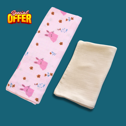 Blush Bunny Baby Printed & Solid Muslin Bath Towel Combo