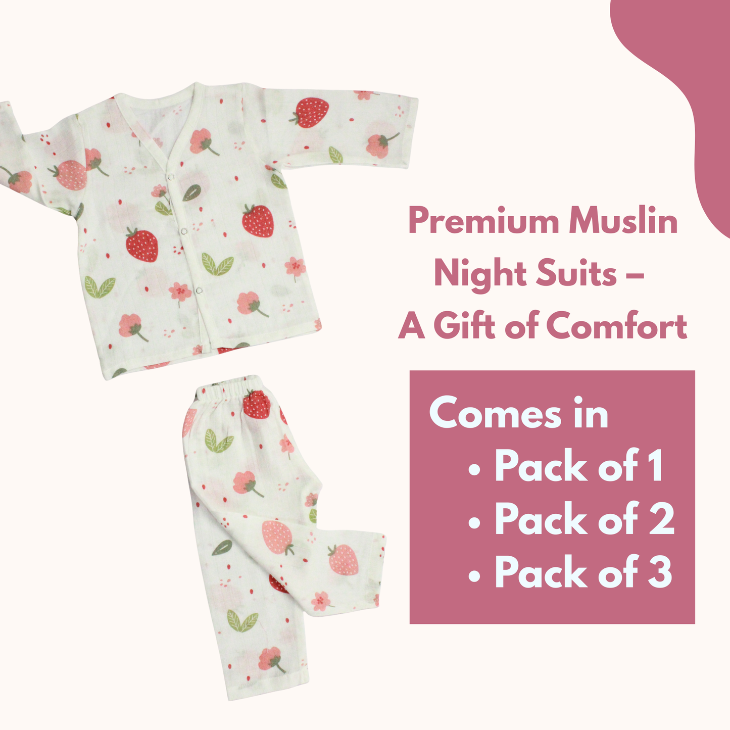 Organic Muslin Sleepsuit | Full Sleeve Top & Pant (Pack of 1, Strawberry Print)