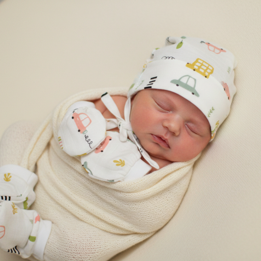 Newborn Muslin Cap, Mittens & Booties Set (Safari Doodle Print, combo set)