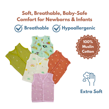 100% Cotton Muslin Button colour Jabla for Newborns & Infants | Pack of 5