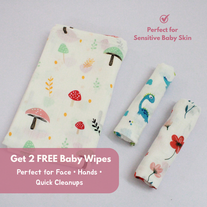 Mushroom Meadow Baby Muslin Towel Set (120 x 100 cm) + 2 Free Wipes (10x10 inch)
