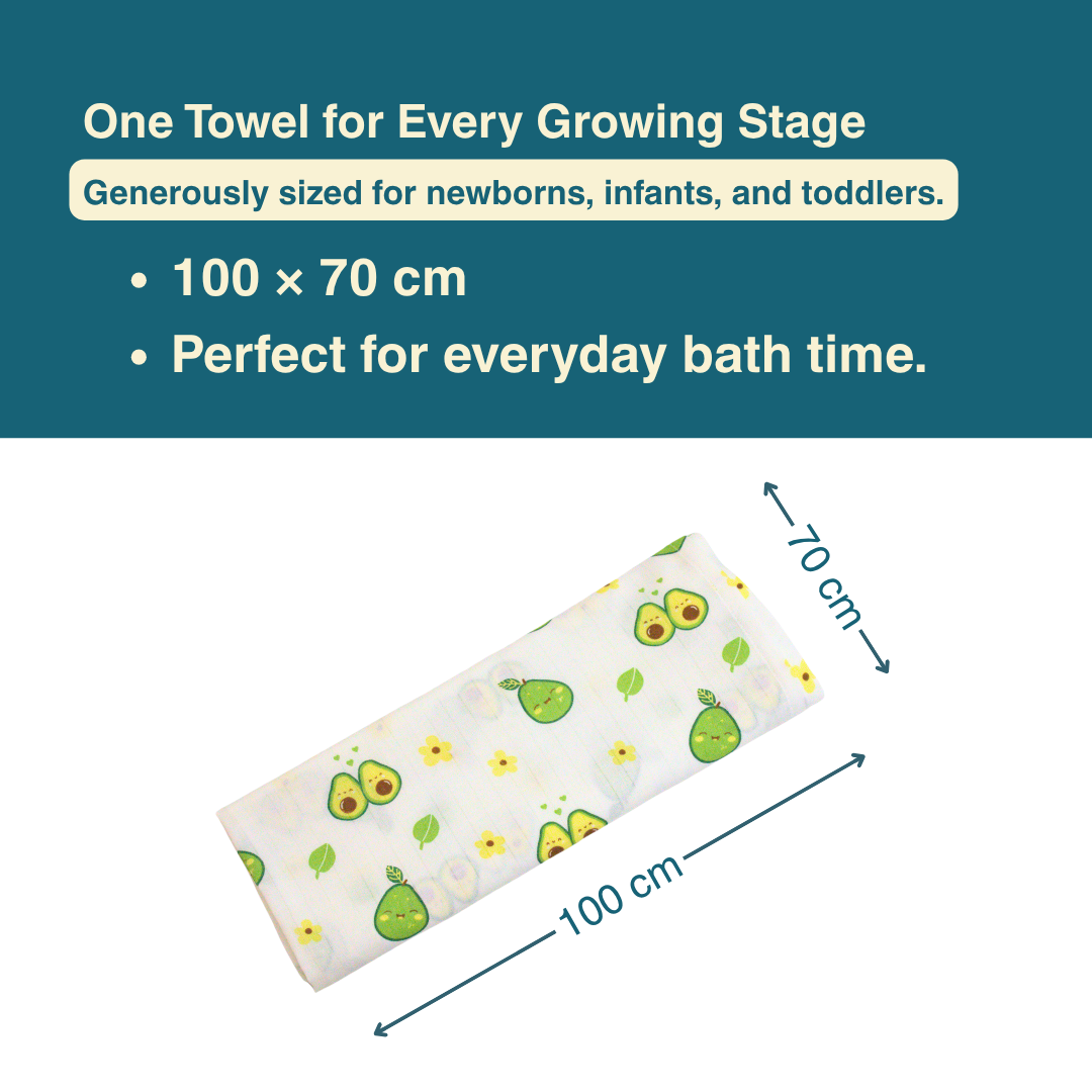 Happy Avocado 100% Organic Muslin Baby Bath Towel (100 × 70 cm)