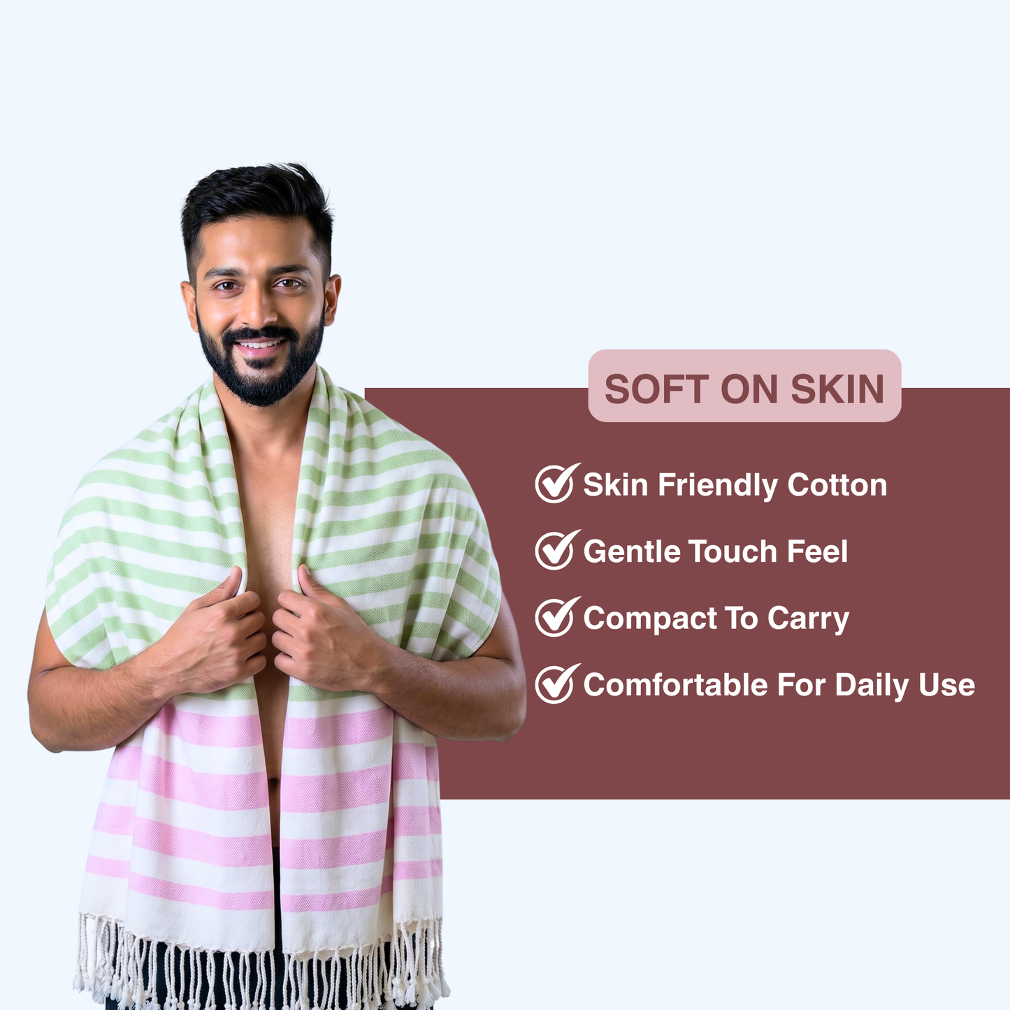 Premium Cotton Bath Towel 150 x 75 cm | Pack of 1 (Green with Pink Striped Border)