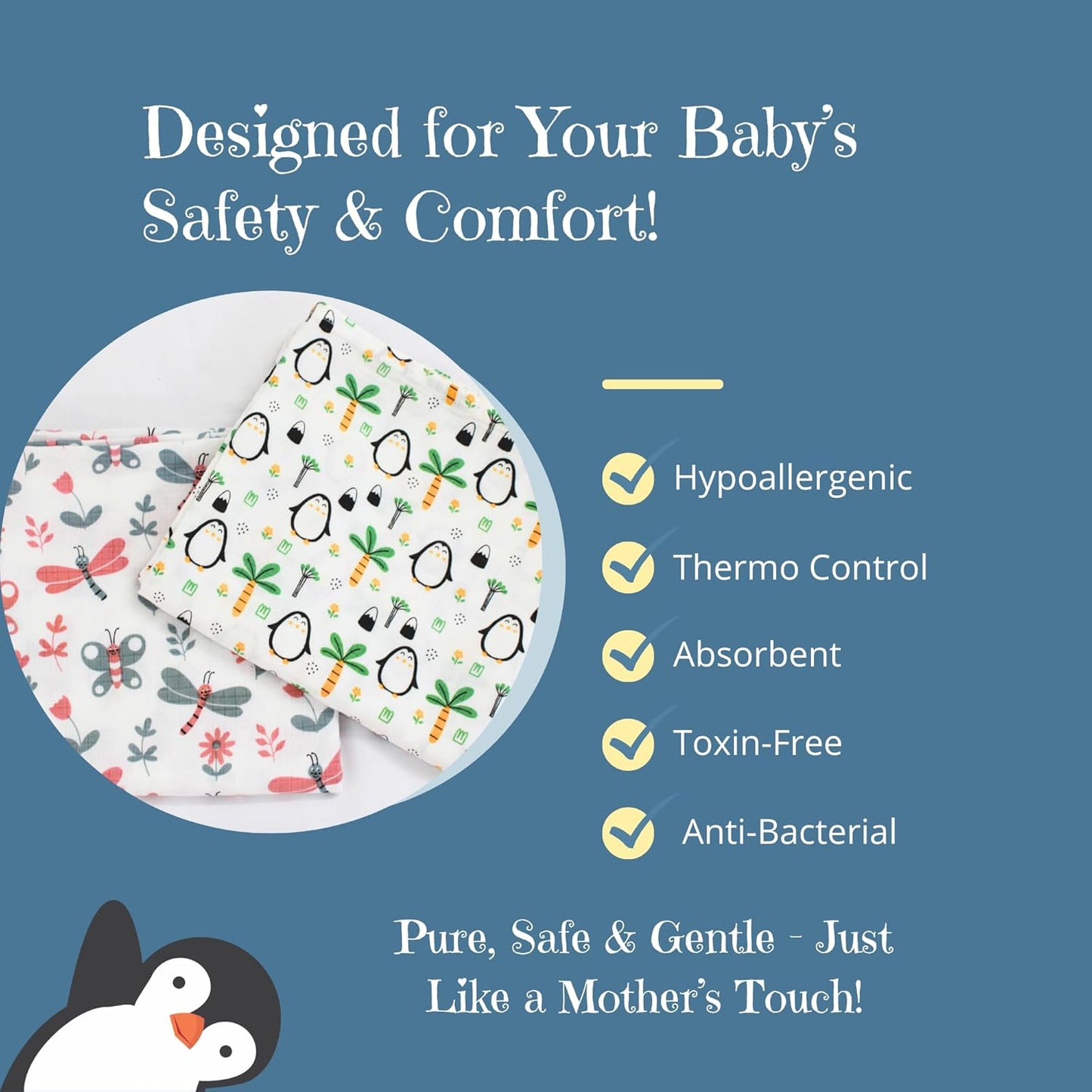 Penquin & Butterfly Printed Organic Muslin Swaddle Pack of 2, 100x100 cm