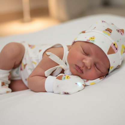 Newborn Muslin Cap, Mittens & Booties Set (ice cream print, combo set)