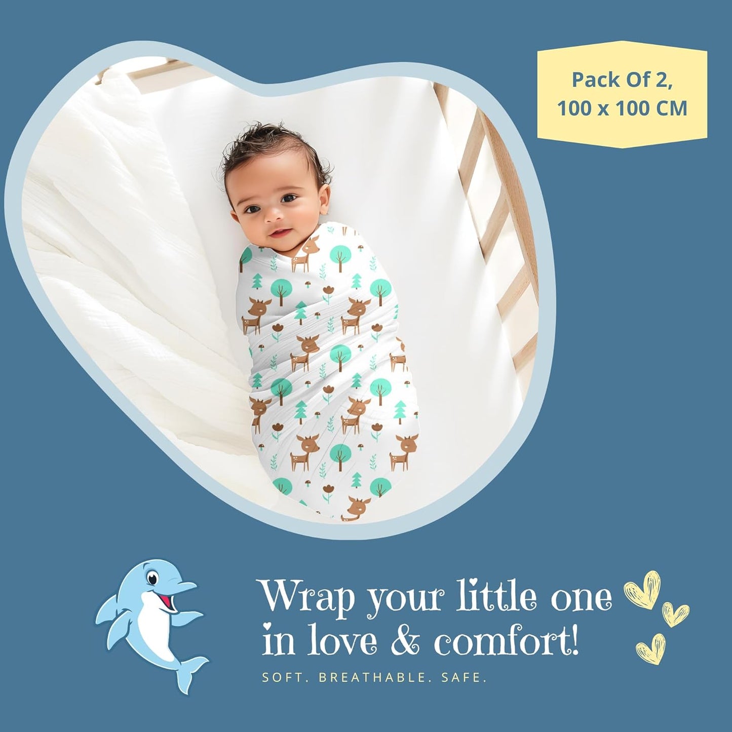 Deer & elephant Printed Organic Muslin Swaddle Pack of 2, 100 x 100 cm