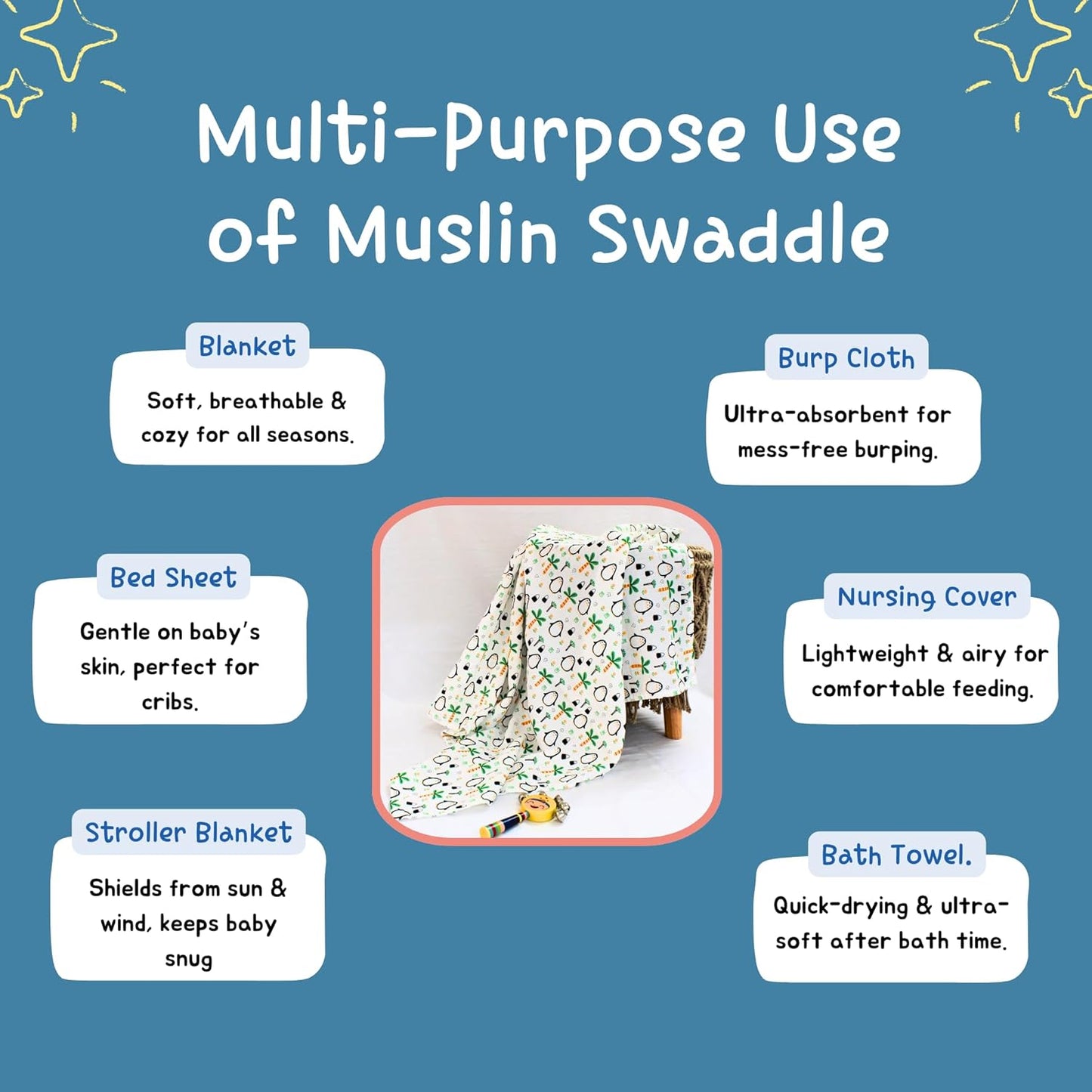 Penquin & Butterfly Printed Organic Muslin Swaddle Pack of 2, 100x100 cm