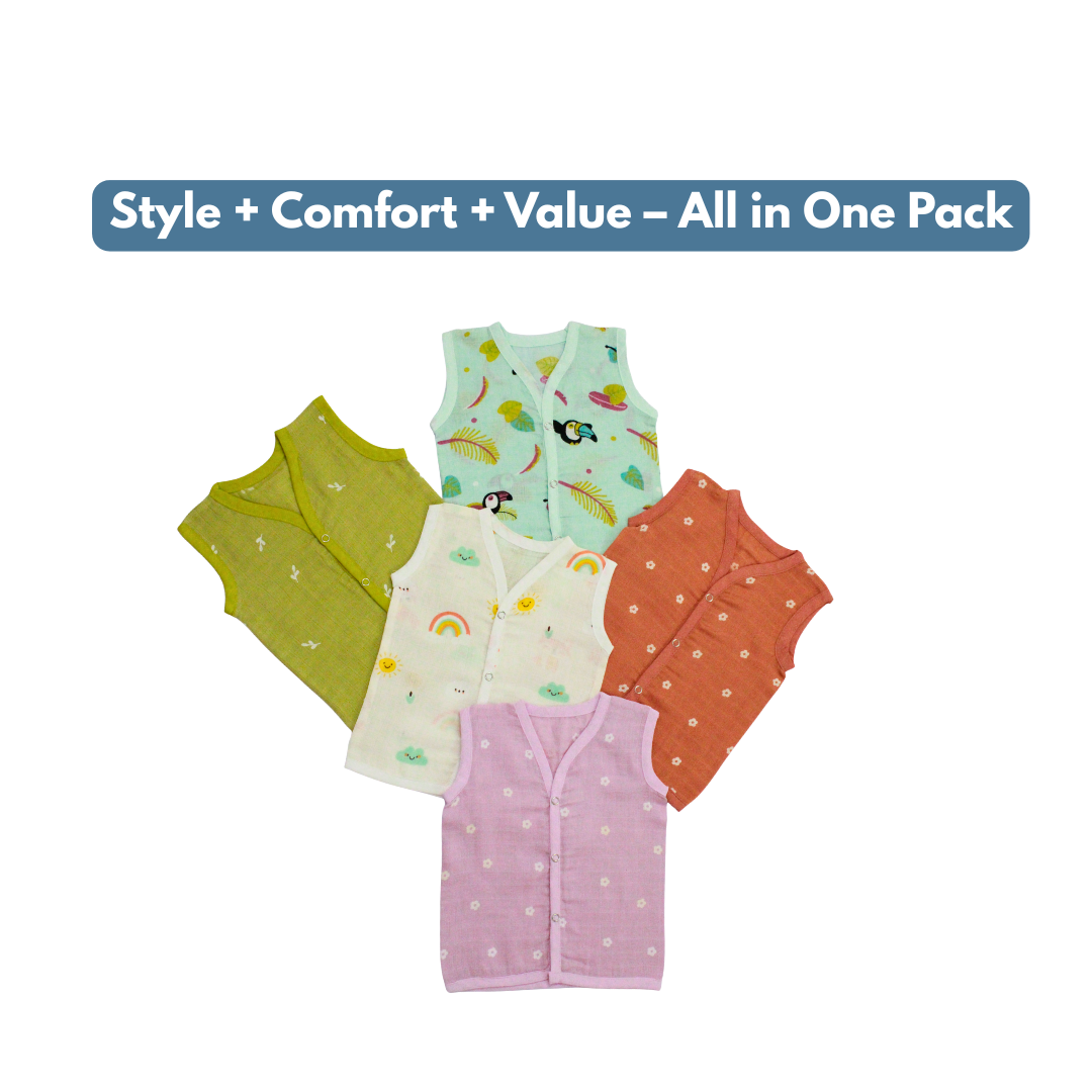 100% Cotton Muslin Button colour Jabla for Newborns & Infants | Pack of 5