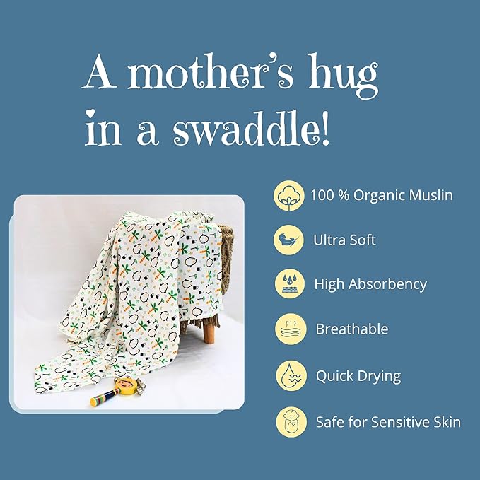 Penquin & Butterfly Printed Organic Muslin Swaddle Pack of 2, 100x100 cm