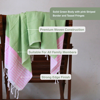 Premium Cotton Bath Towel 150 x 75 cm | Pack of 1 (Green with Pink Striped Border)