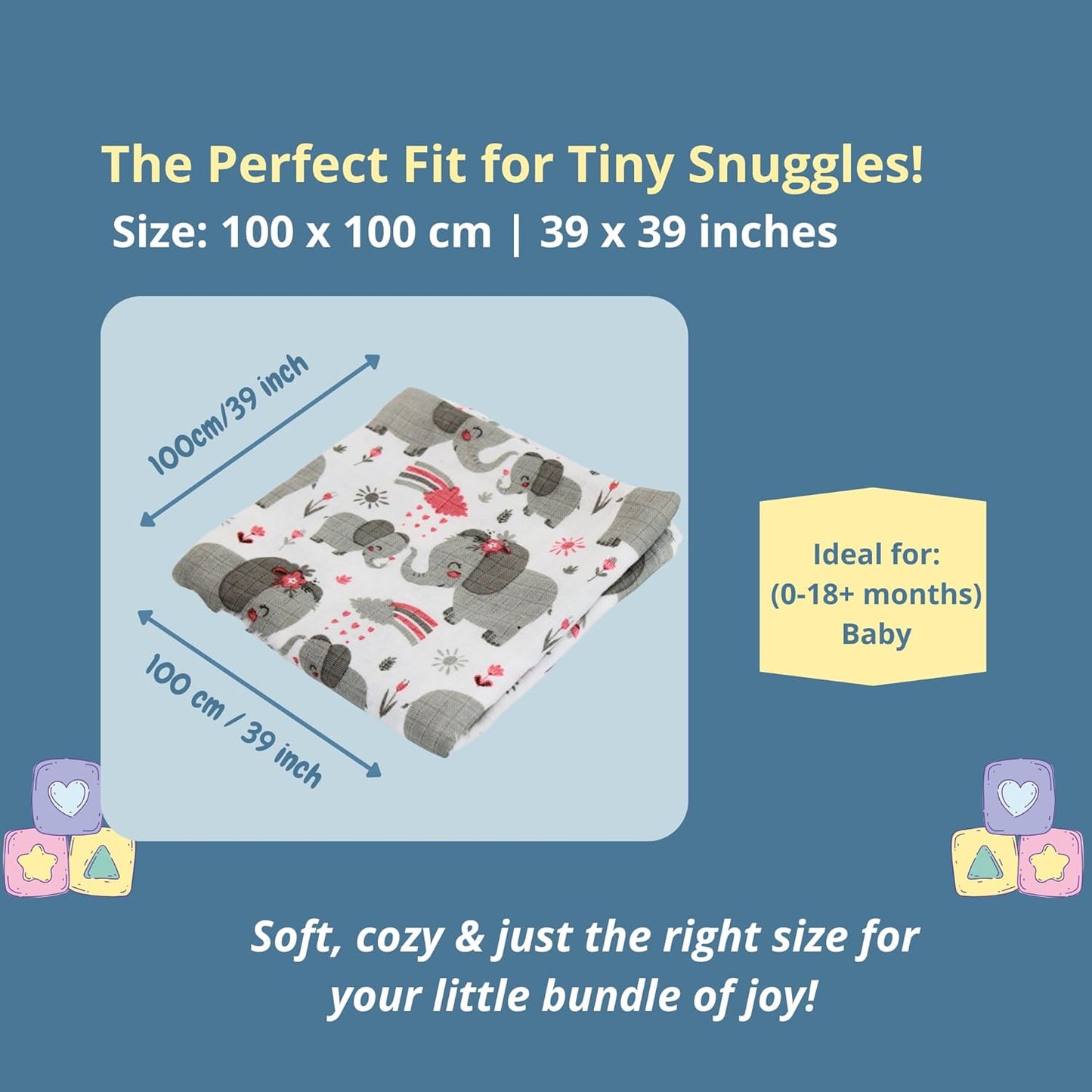 Deer & elephant Printed Organic Muslin Swaddle Pack of 2, 100 x 100 cm