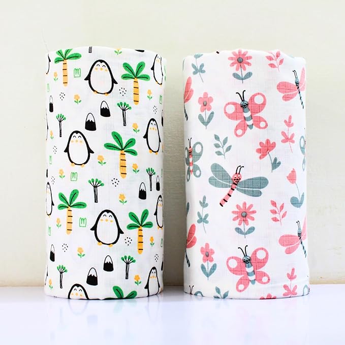 Penquin & Butterfly Printed Organic Muslin Swaddle Pack of 2, 100x100 cm