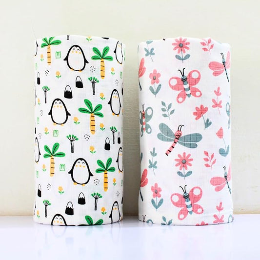 Penquin & Butterfly Printed Organic Muslin Swaddle Pack of 2, 100x100 cm