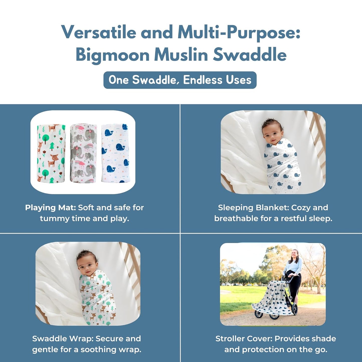 Muslin swaddle pack of 3, 100 x 100 cm