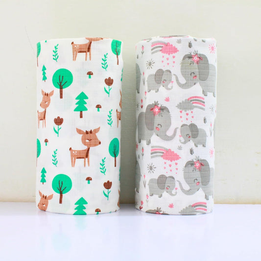 Deer & elephant Printed Organic Muslin Swaddle Pack of 2, 100 x 100 cm