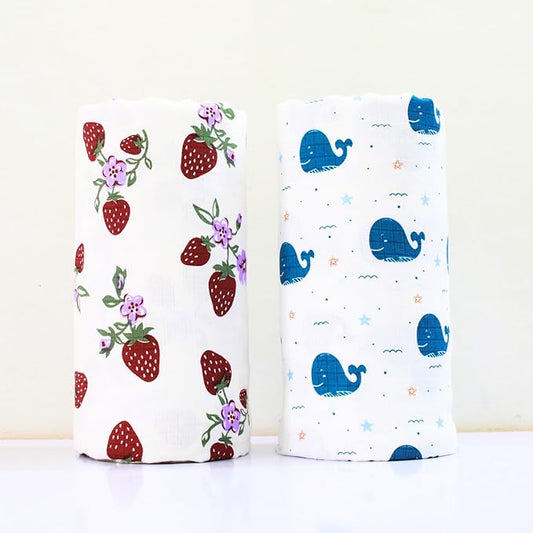 shark & strawberry Printed Muslin Swaddle wrap Pack of 2, 100 x 100 cm