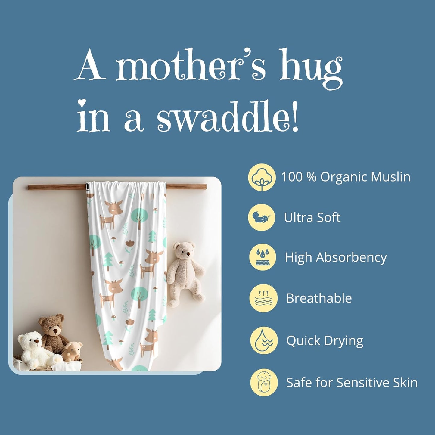 Deer & elephant Printed Organic Muslin Swaddle Pack of 2, 100 x 100 cm