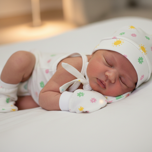 Newborn Muslin Cap, Mittens & Booties Set (Cute little print, combo set)