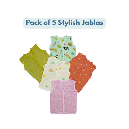 100% Cotton Muslin Button colour Jabla for Newborns & Infants | Pack of 5
