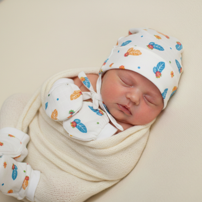 Newborn Muslin Cap, Mittens & Booties Set (colourful leaf Print, combo set)