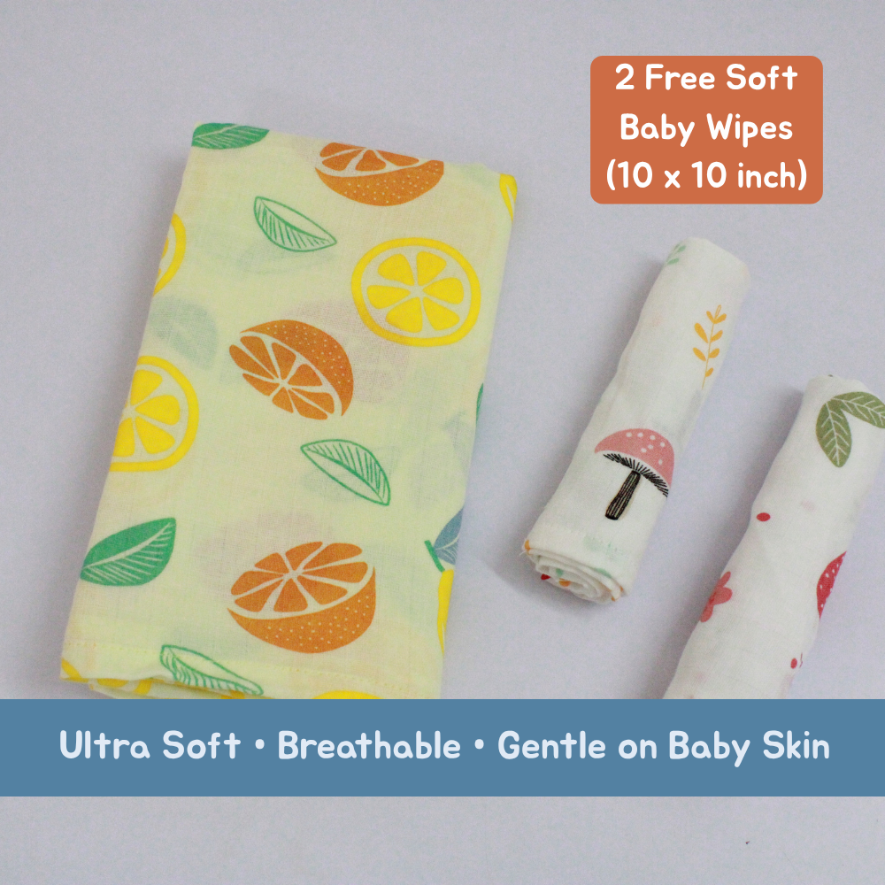 Citrus Sunshine Baby Muslin Towel Set (120 x 100 cm) + 2 Free Wipes (10x10 inch)