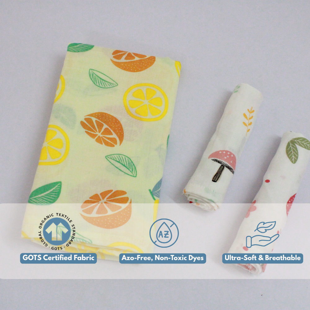 Citrus Sunshine Baby Muslin Towel Set (120 x 100 cm) + 2 Free Wipes (10x10 inch)