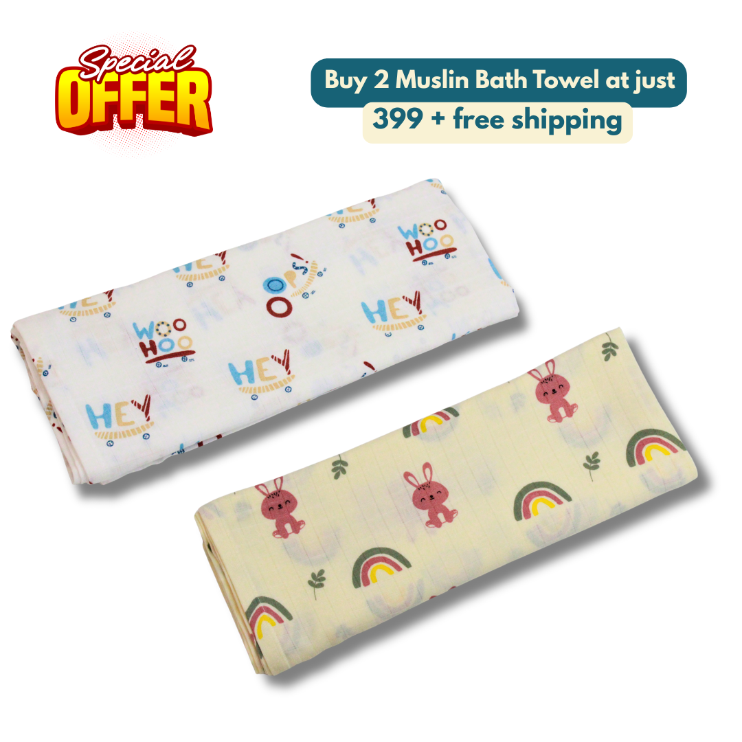 Rainbow & Woo Hoo 100% Organic Muslin Baby Bath Towel (100 × 70 cm, Pack of 2)