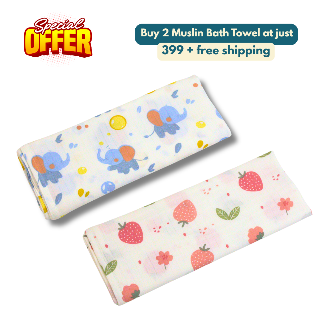 Elephant & strawberry 100% Organic Muslin Baby Bath Towel (100 × 70 cm, Pack of 2)