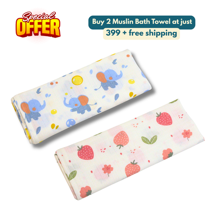 Elephant & strawberry 100% Organic Muslin Baby Bath Towel (100 × 70 cm, Pack of 2)