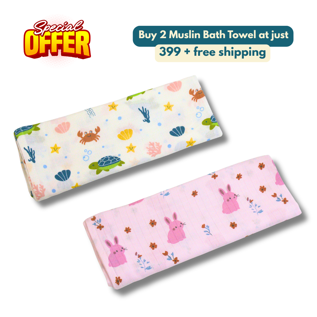 Ocean friends & Rabbit 100% Organic Muslin Baby Bath Towel (100 × 70 cm, Pack of 2)