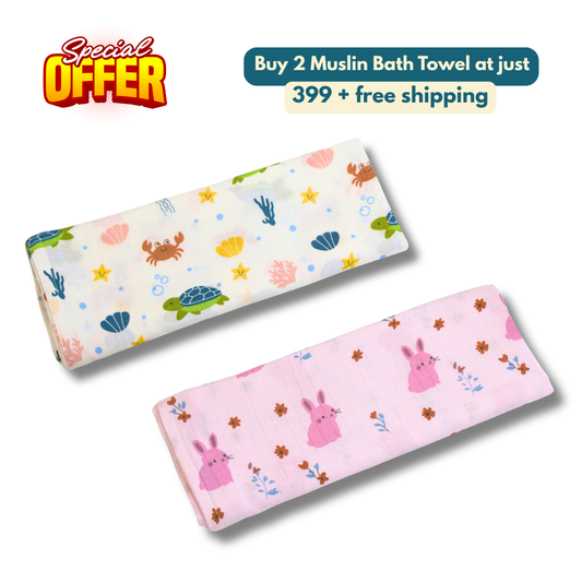 Ocean friends & Rabbit 100% Organic Muslin Baby Bath Towel (100 × 70 cm, Pack of 2)