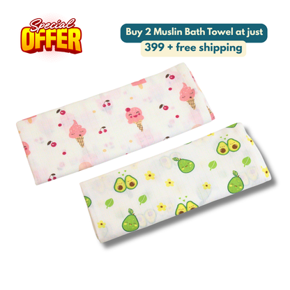 Ice Cream & avacado 100% Organic Muslin Baby Bath Towel (100 × 70 cm, Pack of 2)