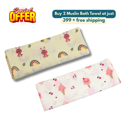 Rainbow & ice cream 100% Organic Muslin Baby Bath Towel (100 × 70 cm, Pack of 2)