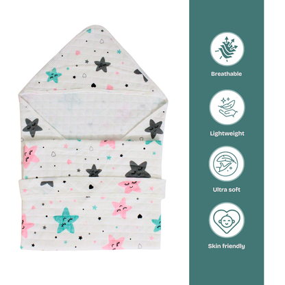 Dreamy Stars Print – Muslin Quilted Hooded Blanket with Belt | 85 x 85 cm | Pack of 1