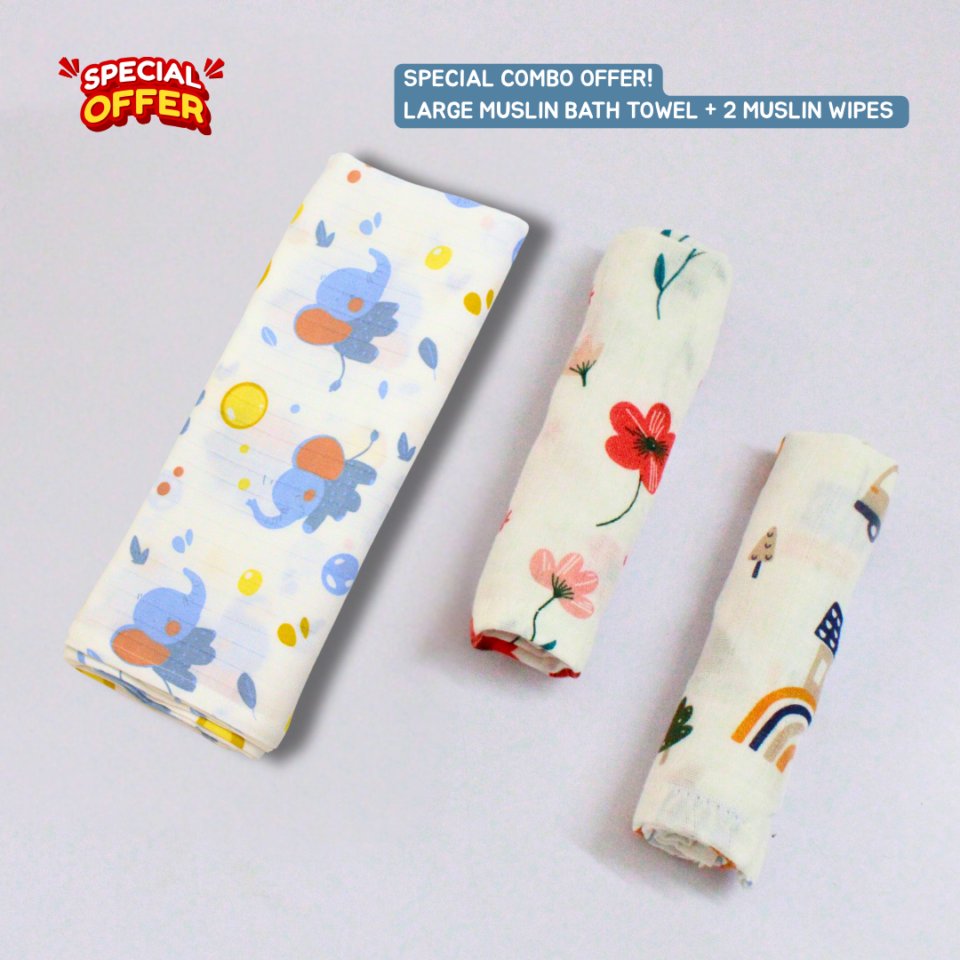 Little Elephant Baby Muslin Towel Set (145 x 70 cm) + 2 Wipes (10x10 inch)