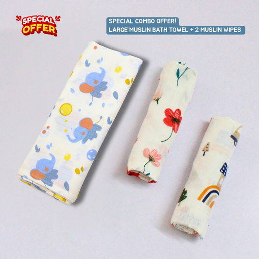 Little Elephant Baby Muslin Towel Set (145 x 70 cm) + 2 Wipes (10x10 inch)