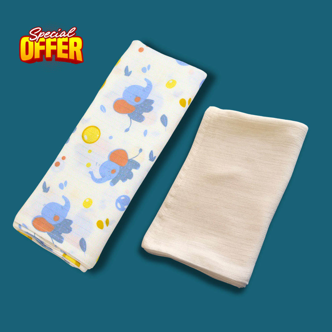 Little Elephant Baby Printed & Solid Muslin Bath Towel Combo