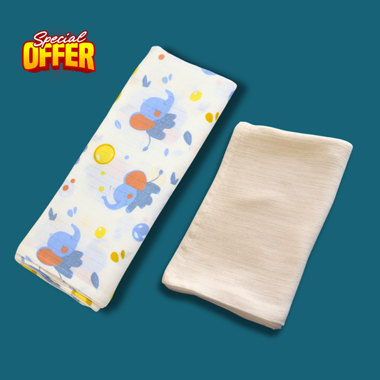 Little Elephant Baby Printed & Solid Muslin Bath Towel Combo