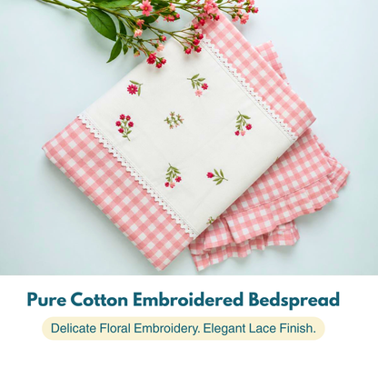 Soft Pink Pure Cotton Floral Embroidered Bedspread with Lace Border – 108 × 108 Inches