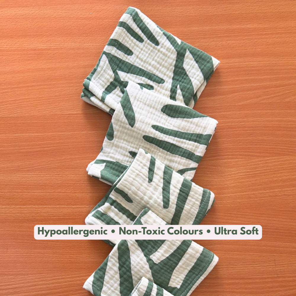 100% Muslin green leaf 4 Layer Crinkled Baby Wipes 10x10 Inch - Pack of 5