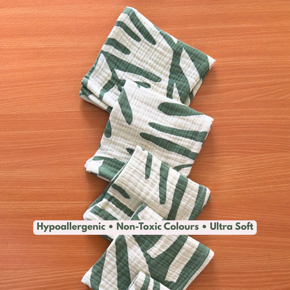 100% Muslin green leaf 4 Layer Crinkled Baby Wipes 10x10 Inch - Pack of 5