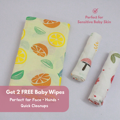 Citrus Sunshine Baby Muslin Towel Set (120 x 100 cm) + 2 Free Wipes (10x10 inch)
